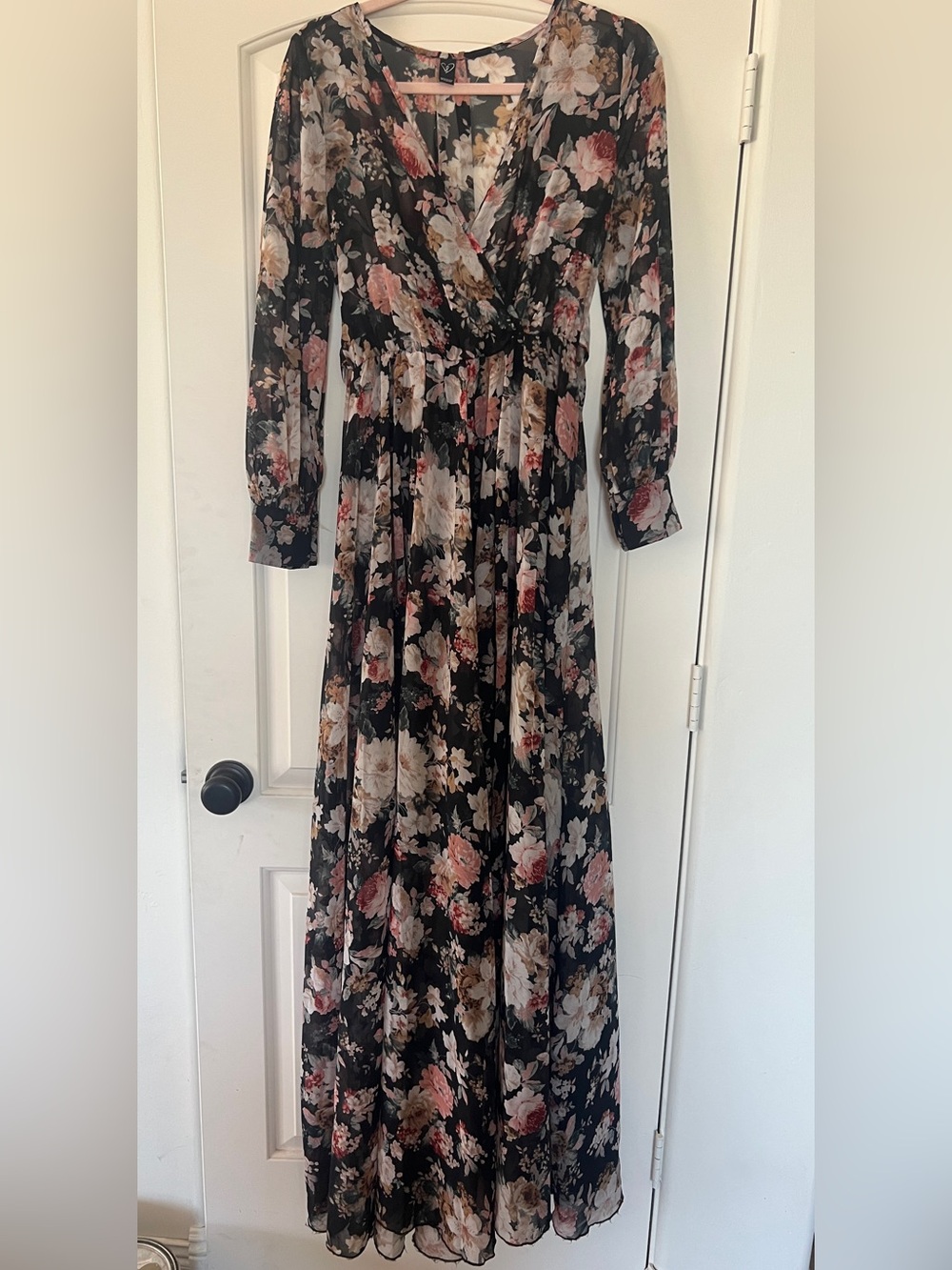 Windsor Black Floral Long Sleeve Maxi Dress with Blush Accents